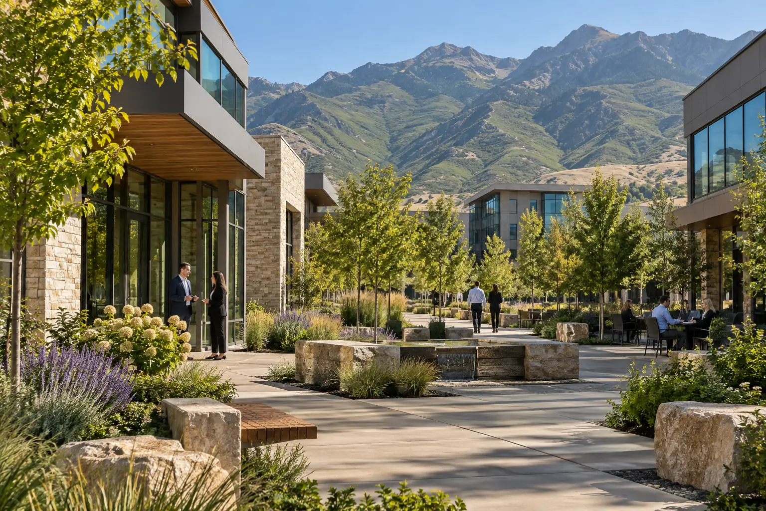 Draper business district buildings with the Wasatch foothills beyond