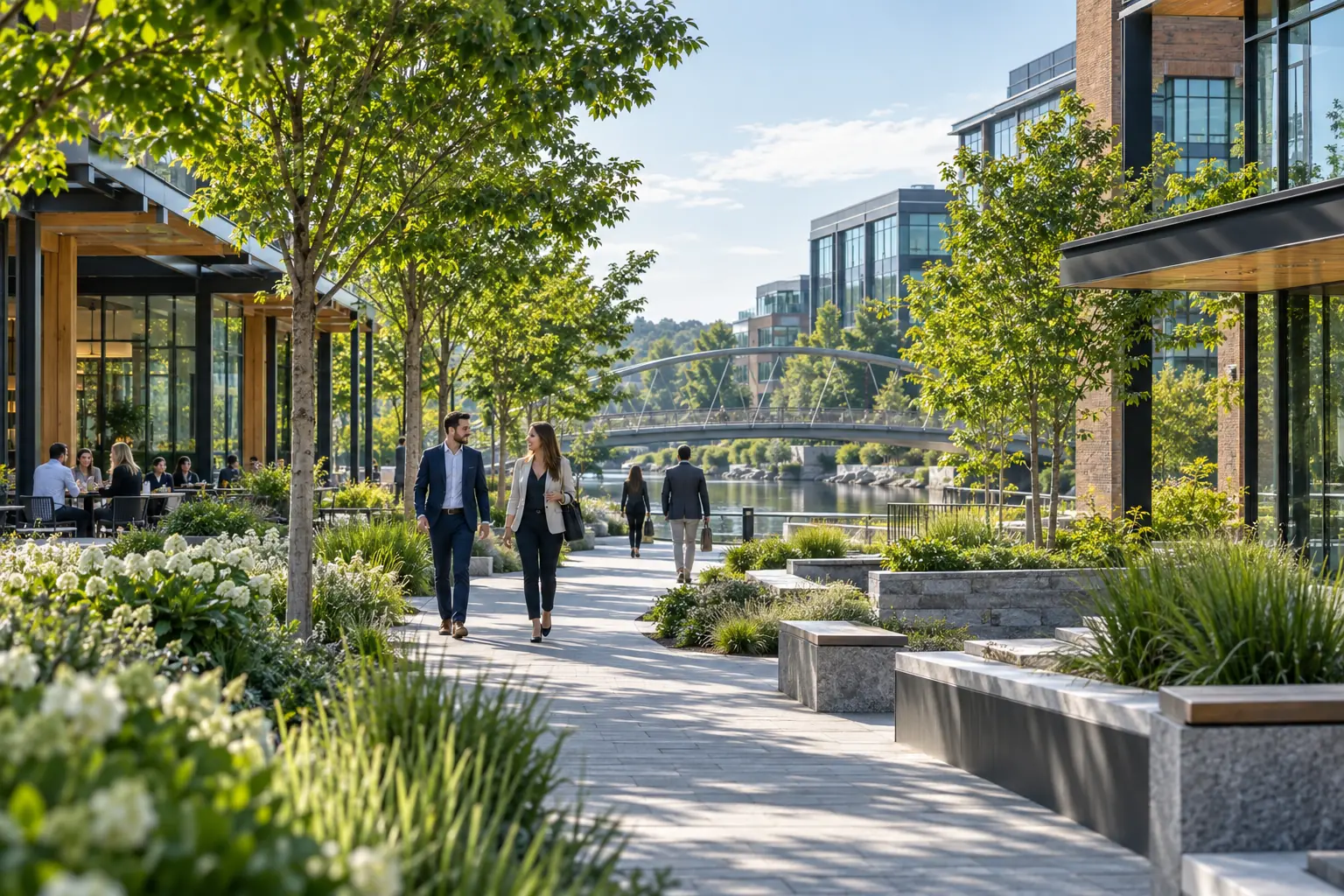 Contemporary Dublin business district with landscaped public space