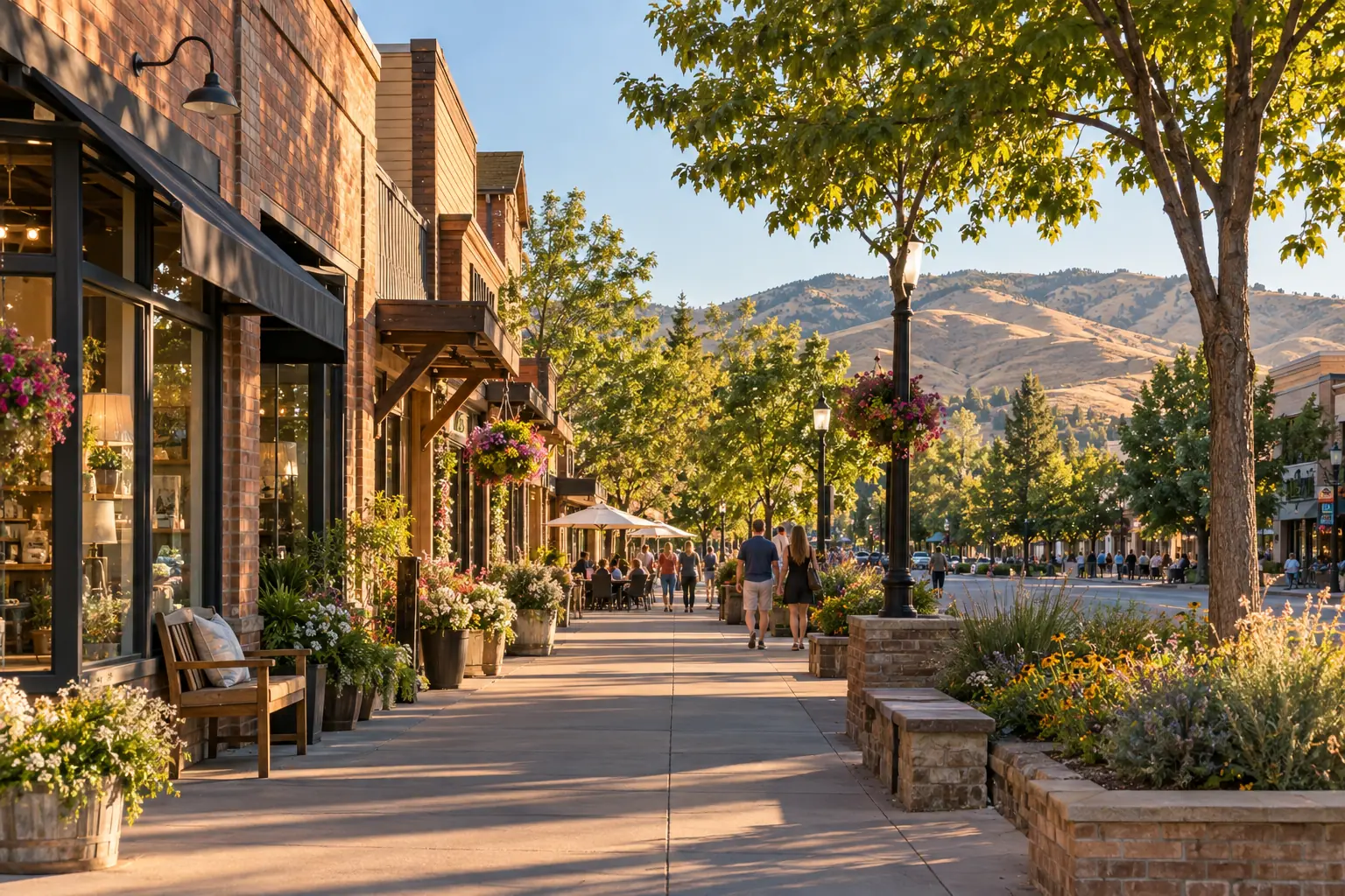 Eagle Idaho business street lined with independent storefronts and foothills