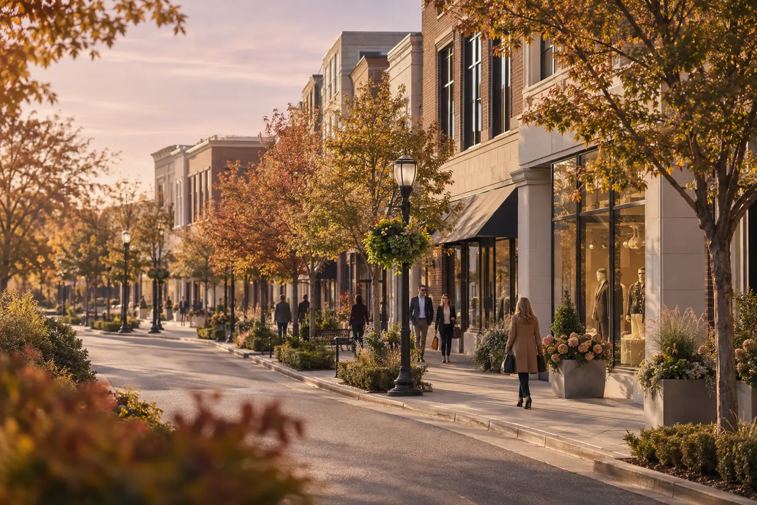 Tree-lined Edina business district with shops and professional offices
