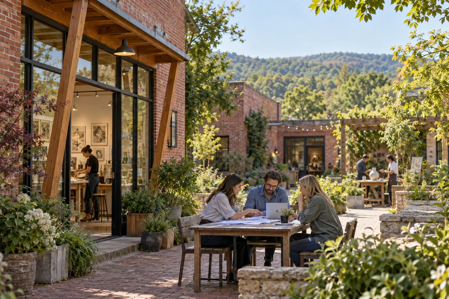 Red-brick professional studio courtyard with a project team at work in an Ozark setting