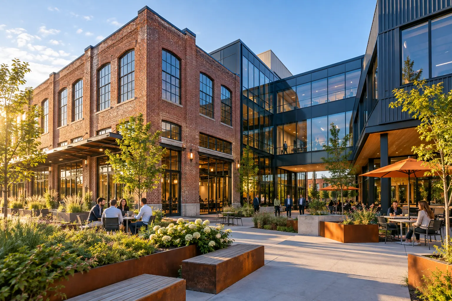 Brick-and-glass creative workplaces around a Fishers business courtyard
