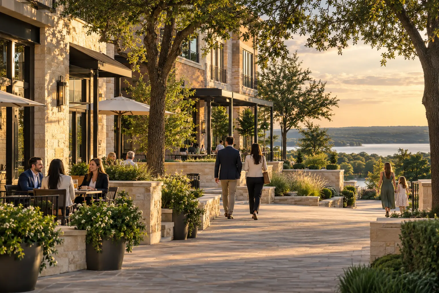 Flower Mound lakeside business district with offices and service storefronts