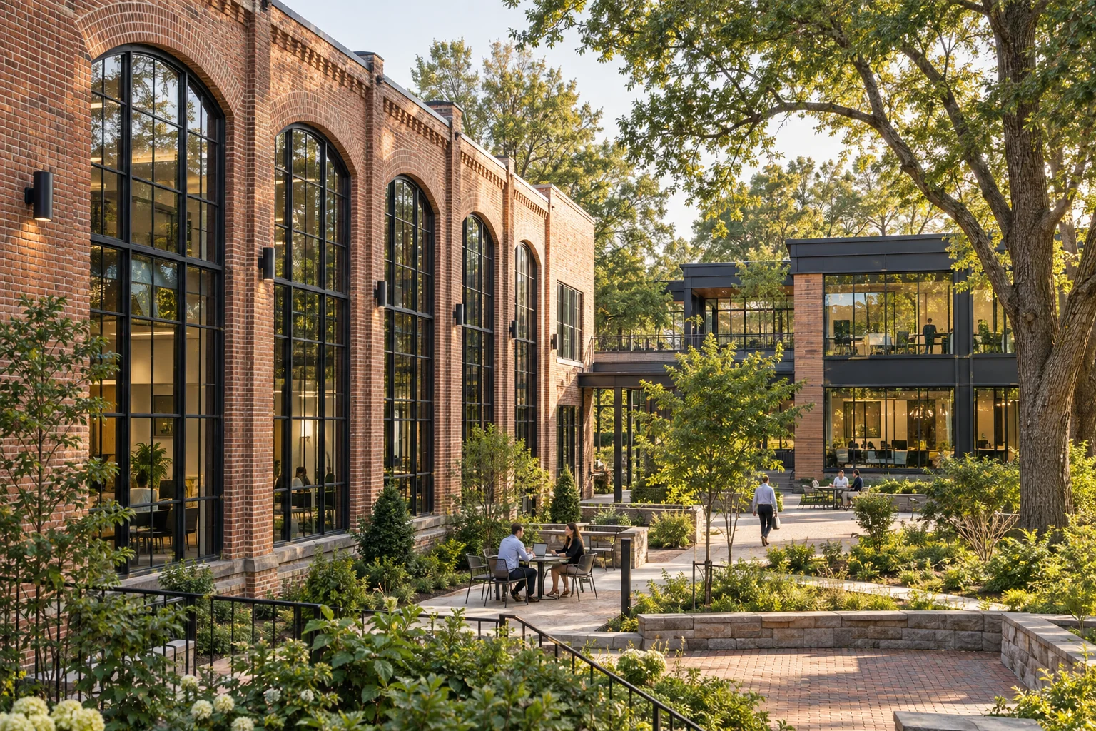 Brick mill architecture and contemporary workspaces around a tree-lined Fort Mill courtyard