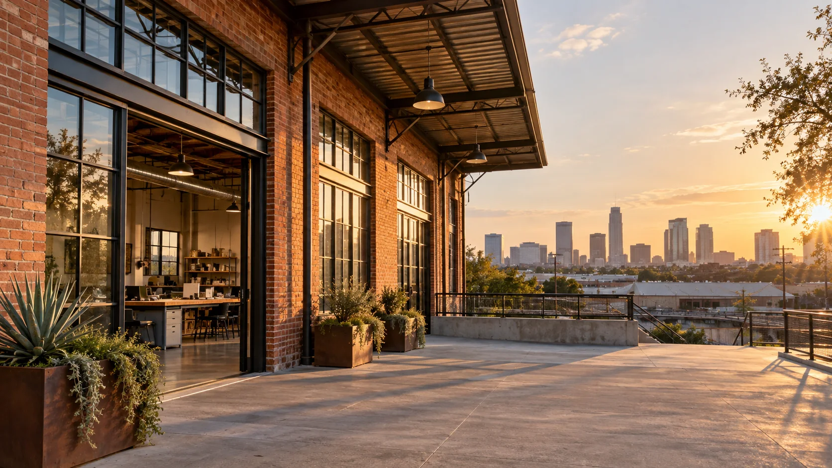 Fort Worth brick workshop and business office at sunset, original image by The Quiet Protocol