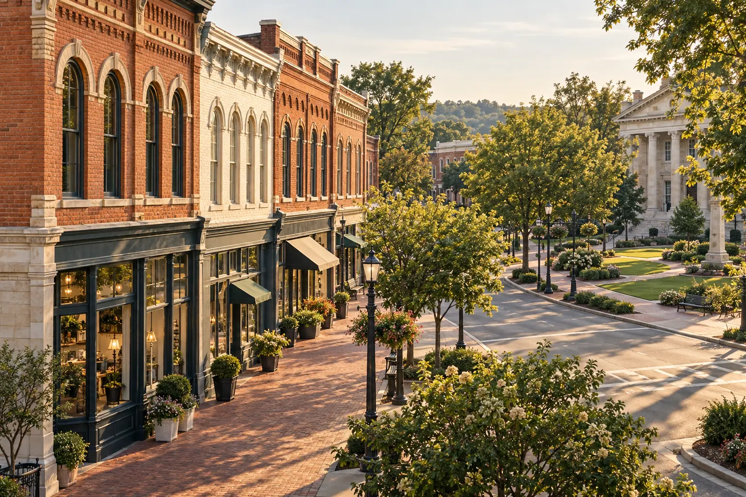 Brick storefronts, mature trees and civic square in Franklin's historic commercial style
