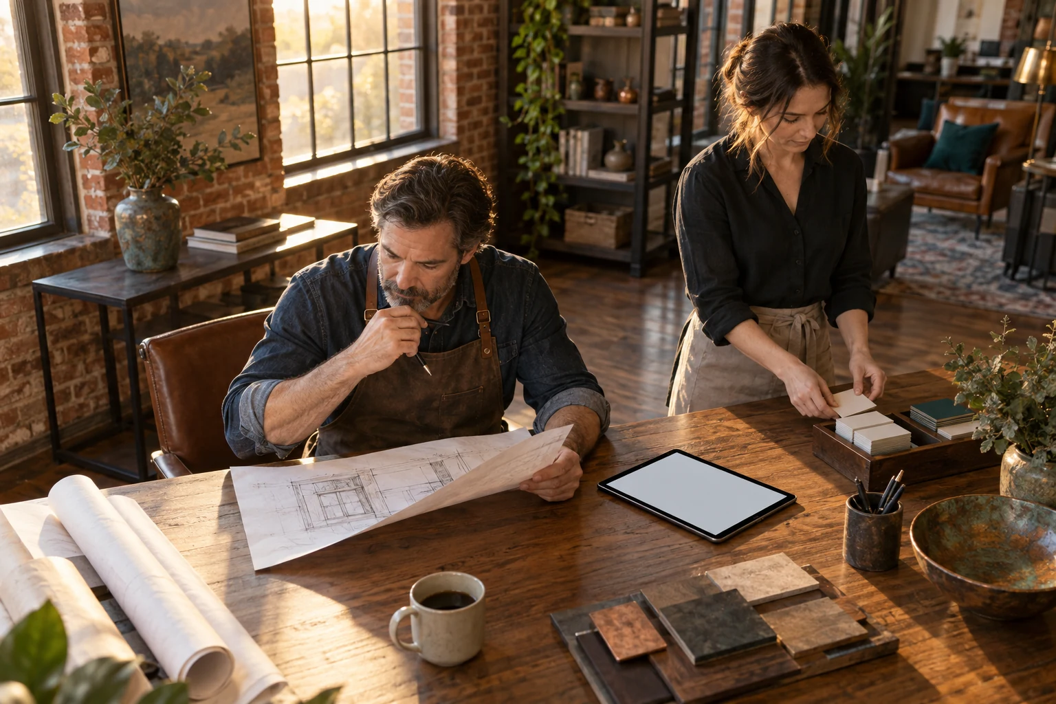 Service owner reviewing a paper project while a colleague organizes customer follow-through