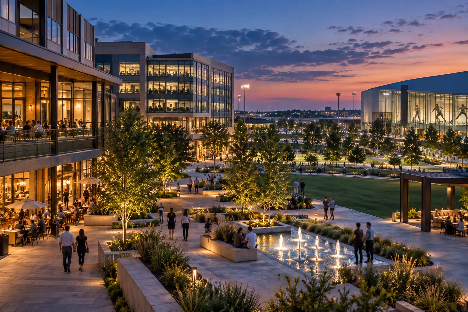 Modern business buildings and landscaped public space in Frisco Texas