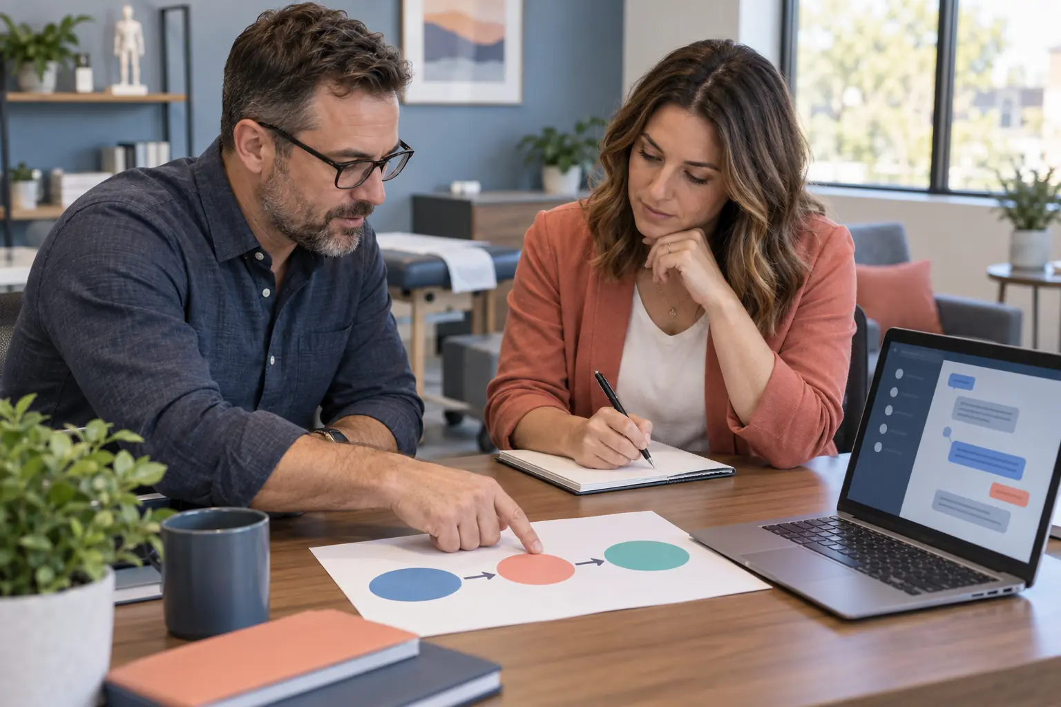 Service business owners reviewing a customer inquiry and human AI handoff together