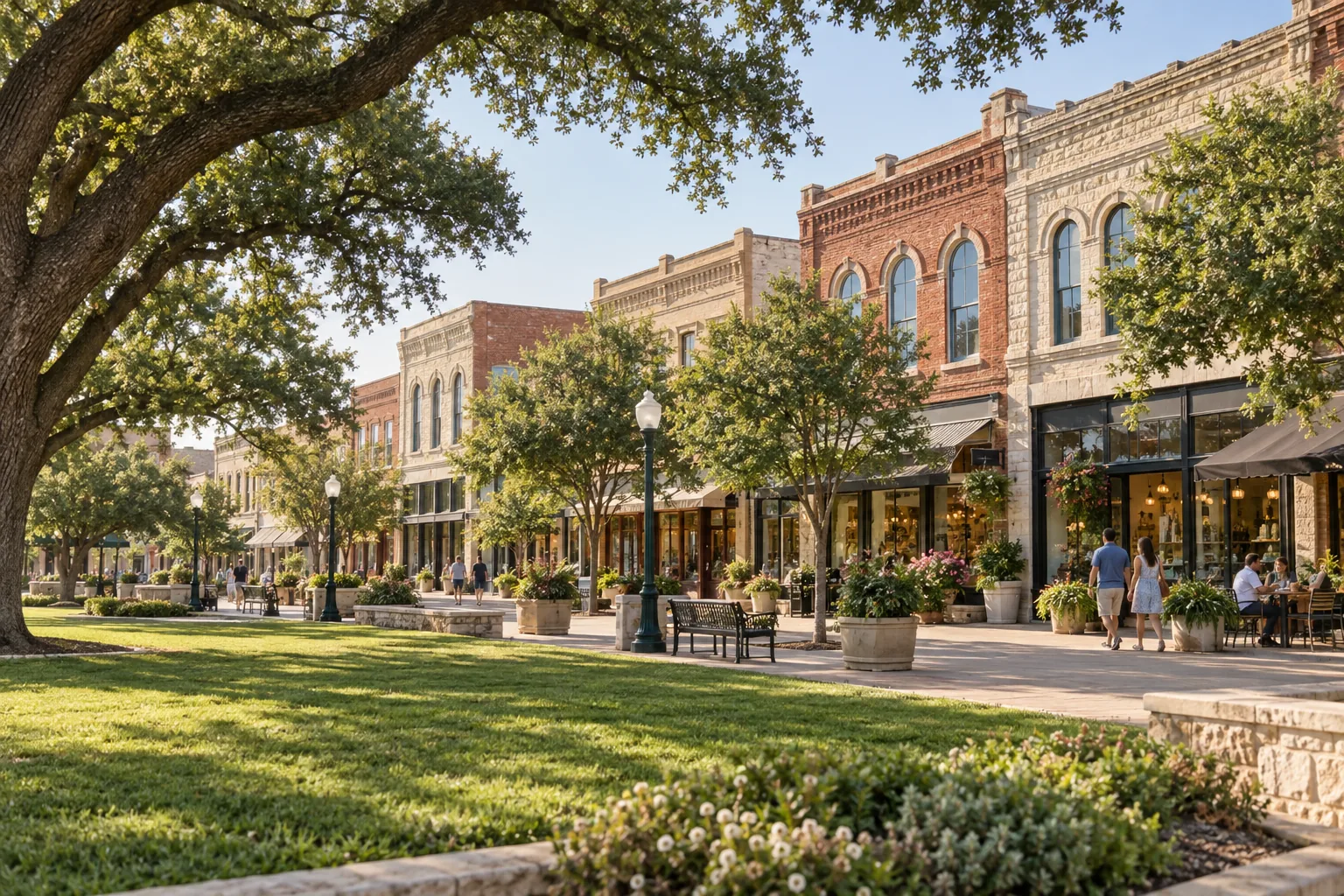 Historic brick storefronts surrounding a Georgetown Texas business square
