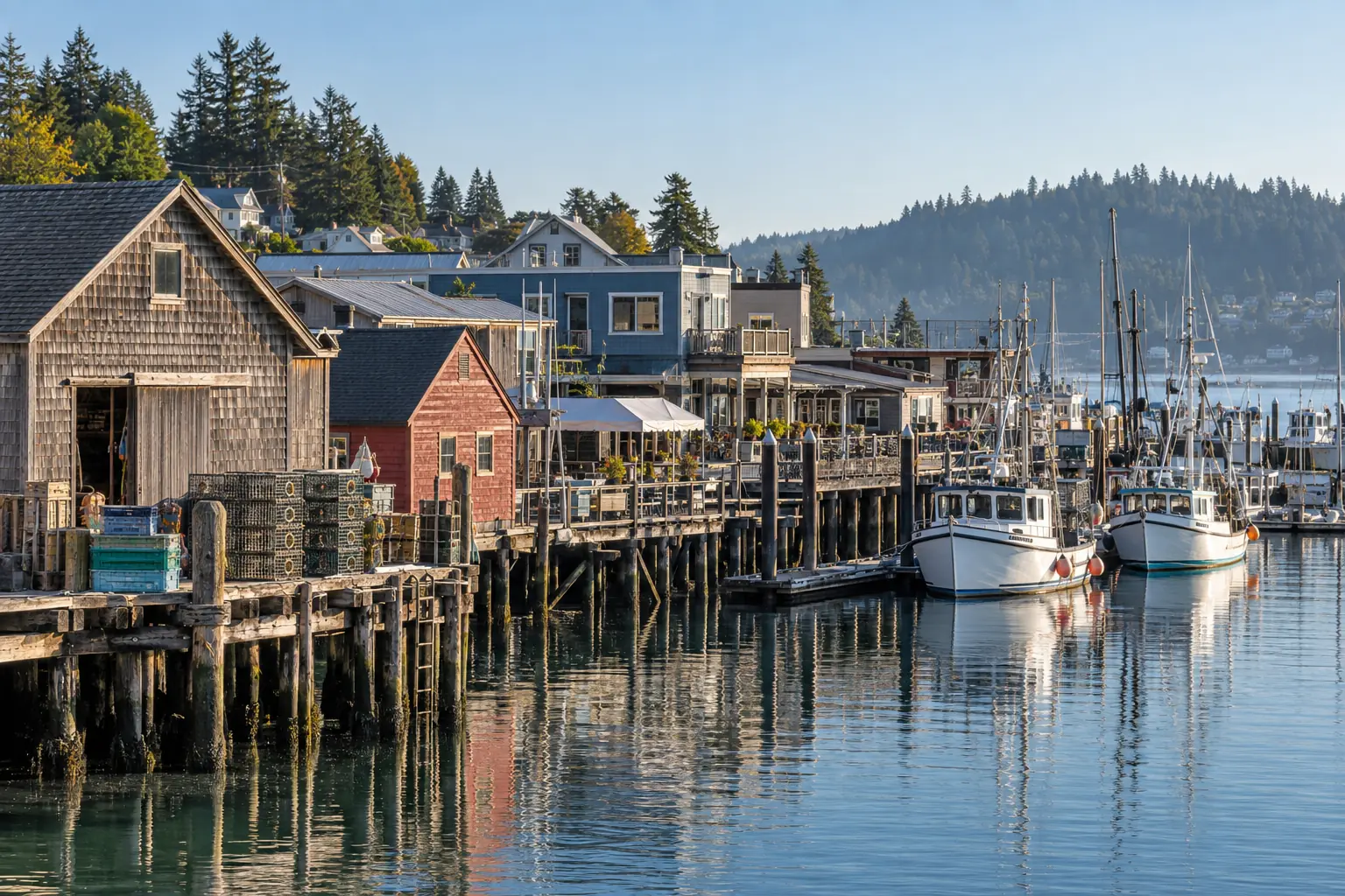 Historic working waterfront buildings and small commercial boats in Gig Harbor