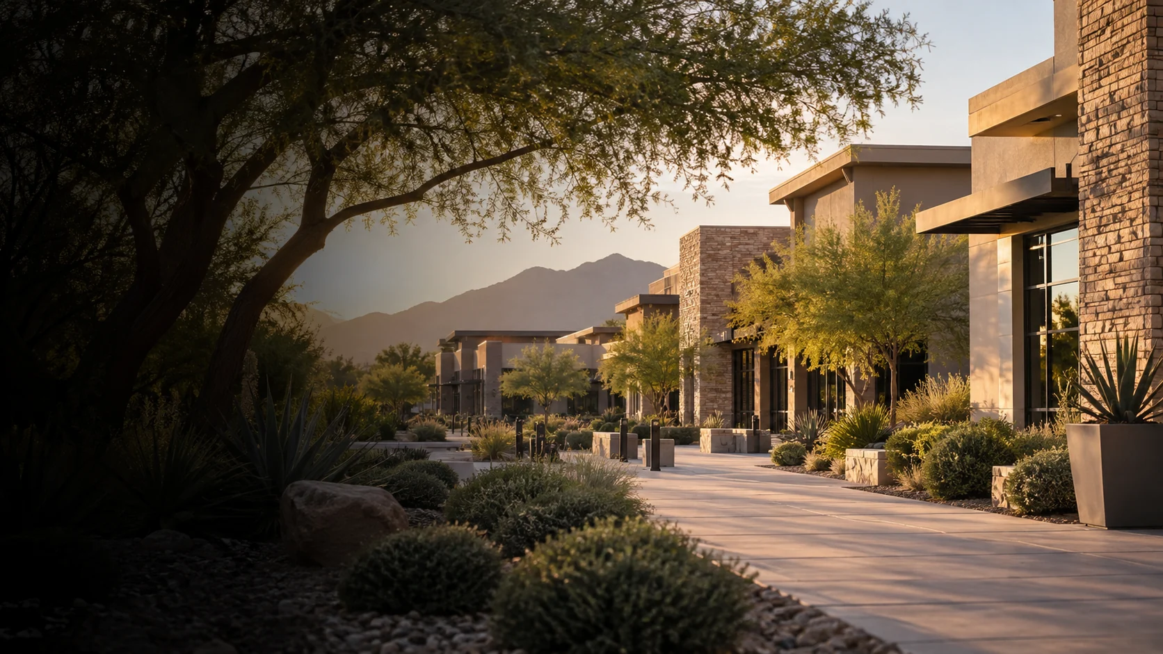 Low-rise professional buildings with native desert landscaping in the Gilbert area