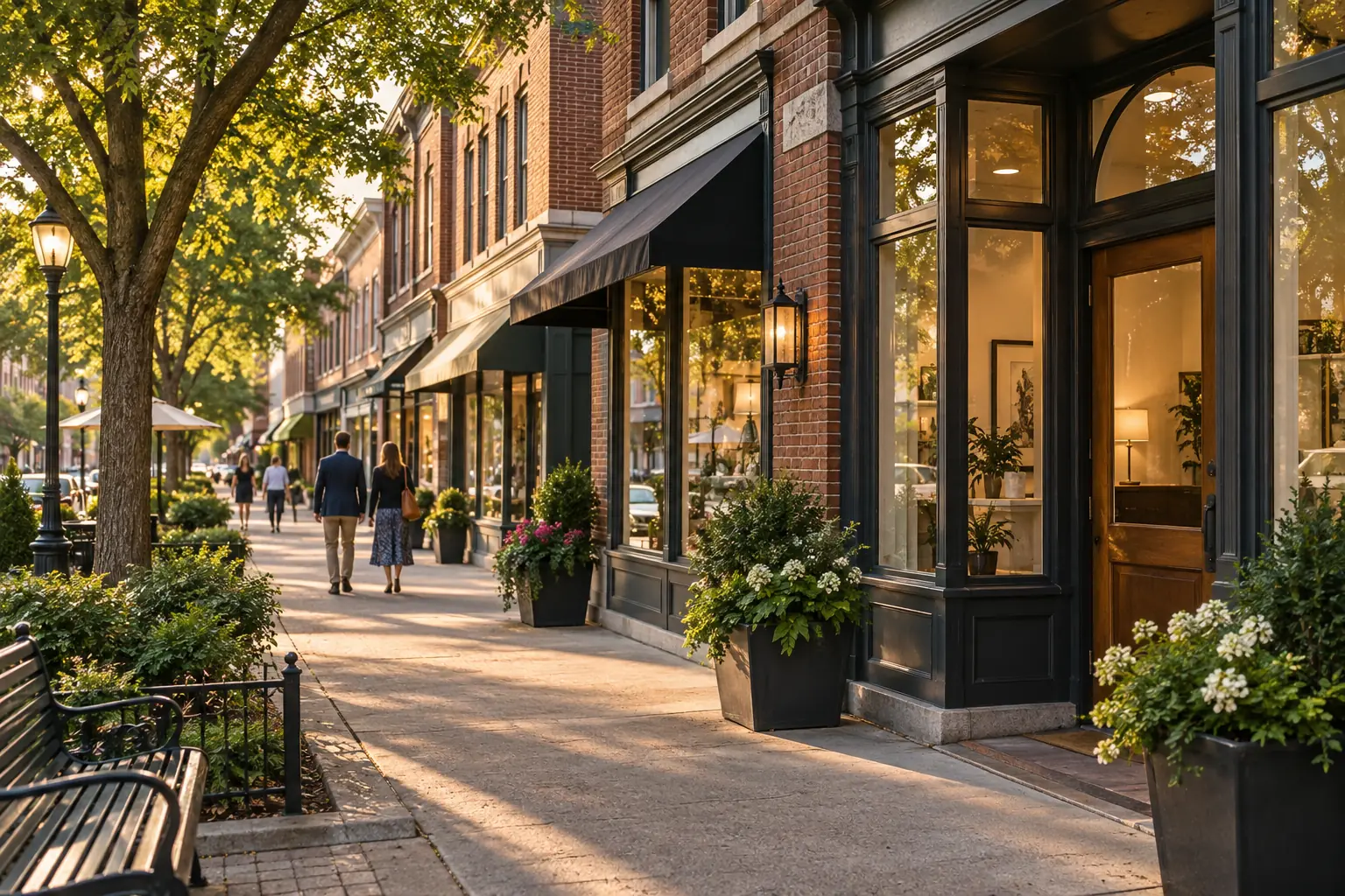 Tree-lined brick storefronts and professional offices in a Glen Ellyn business district