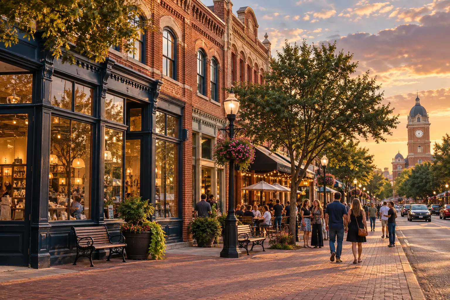 Historic brick storefronts in a Grapevine Texas business district