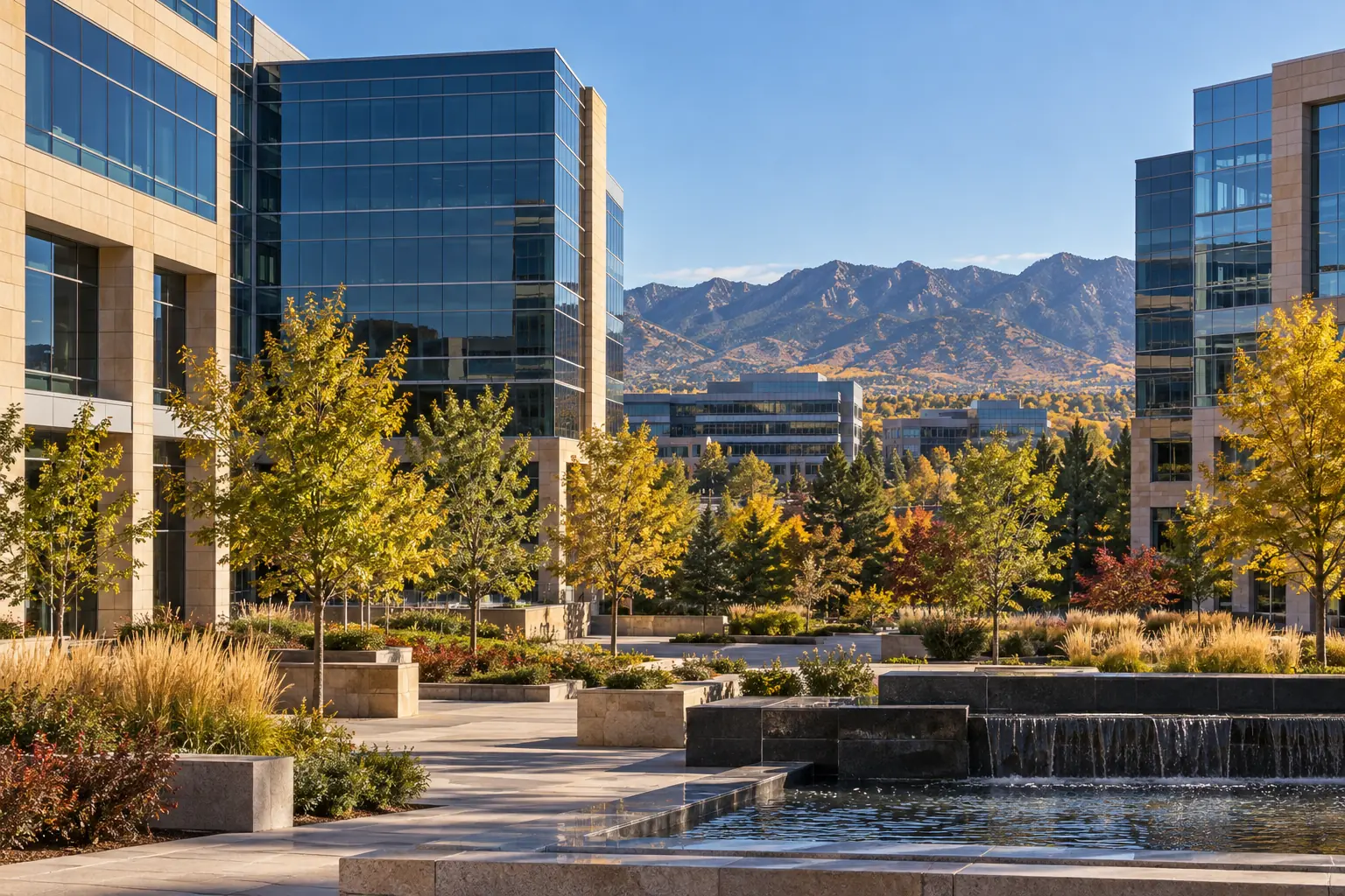 Greenwood Village office buildings and landscaped business plaza