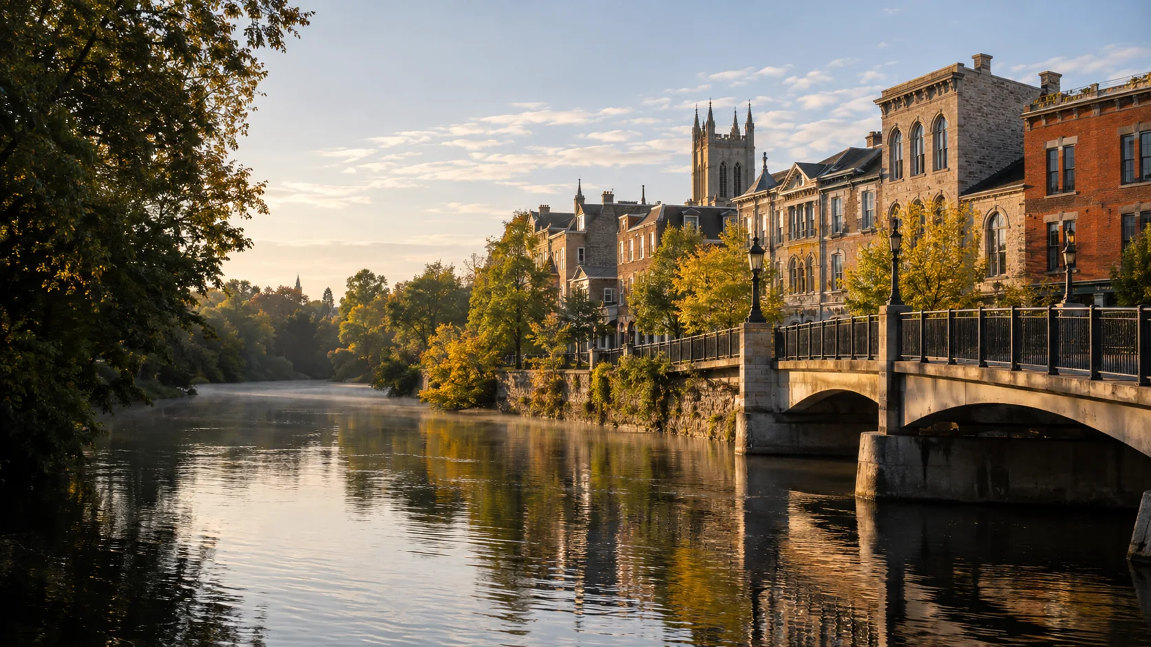 Morning light on the Speed River, pedestrian bridge and limestone downtown in a Guelph-inspired scene