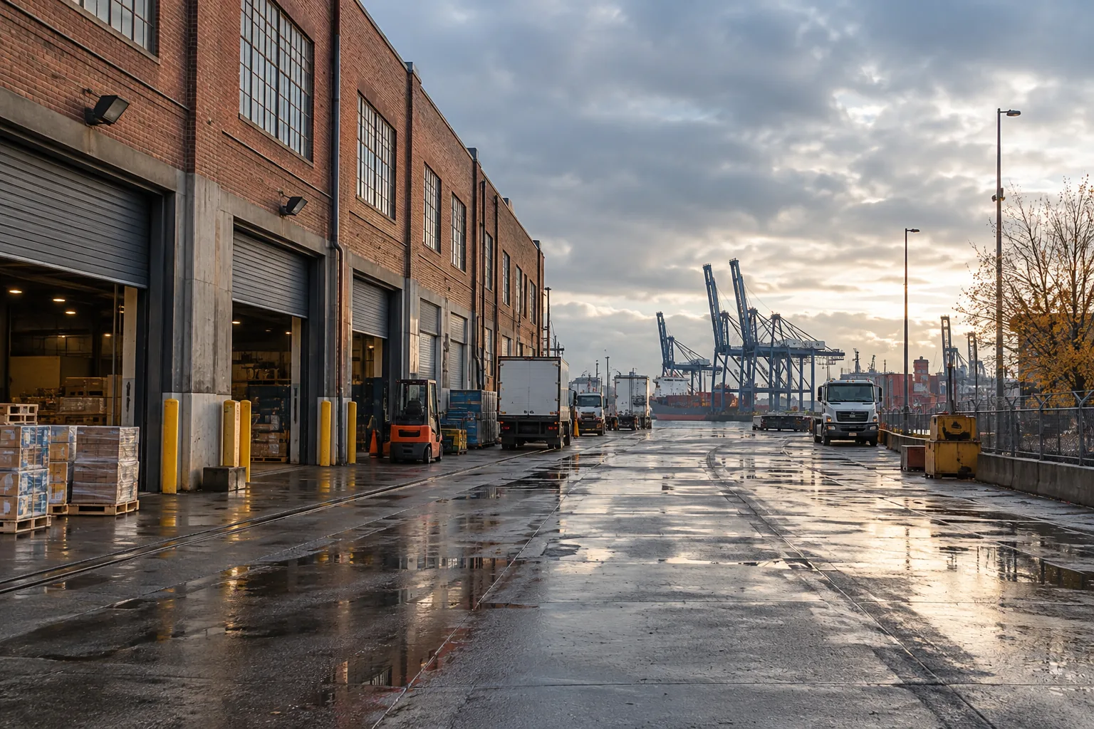 Wet industrial access road beside brick warehouses and port cranes in a Hamilton bayfront setting