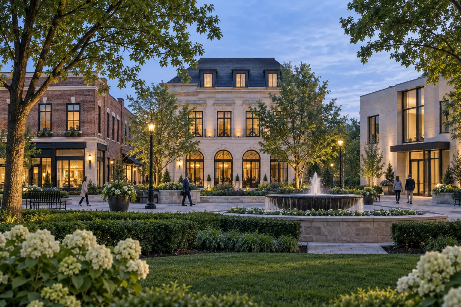 Village professional storefronts around a landscaped square