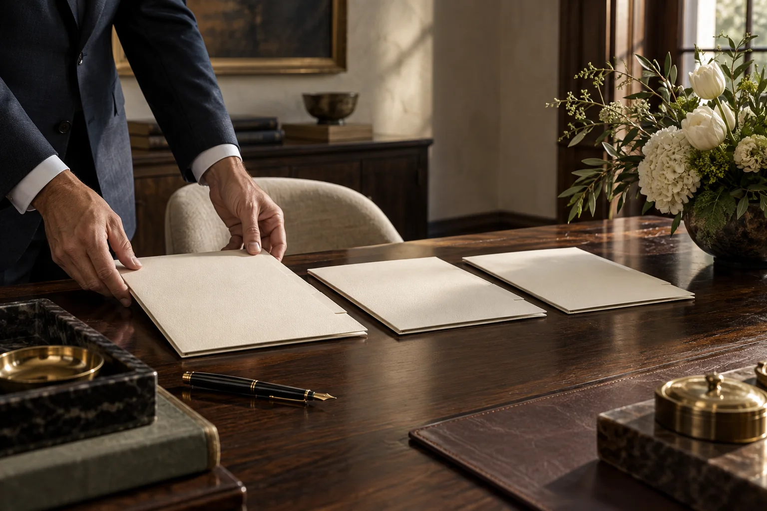 Owner arranging client folders for distinct professional-service inquiries