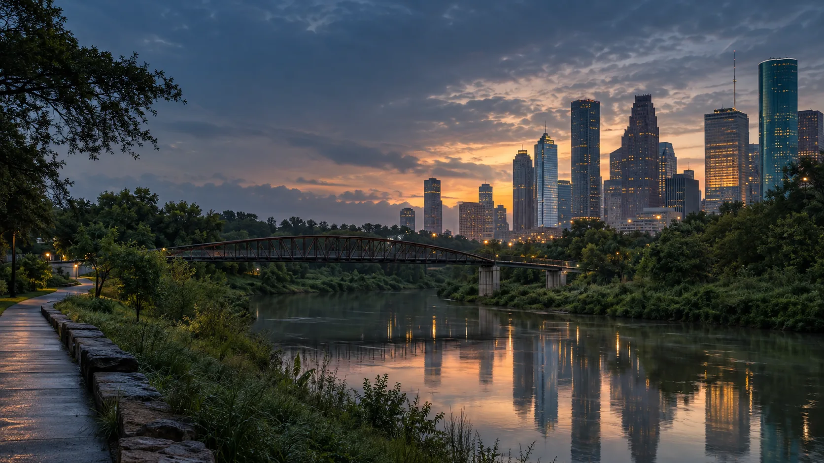 Buffalo Bayou path, footbridge and Houston skyline at dawn, original image created by The Quiet Protocol