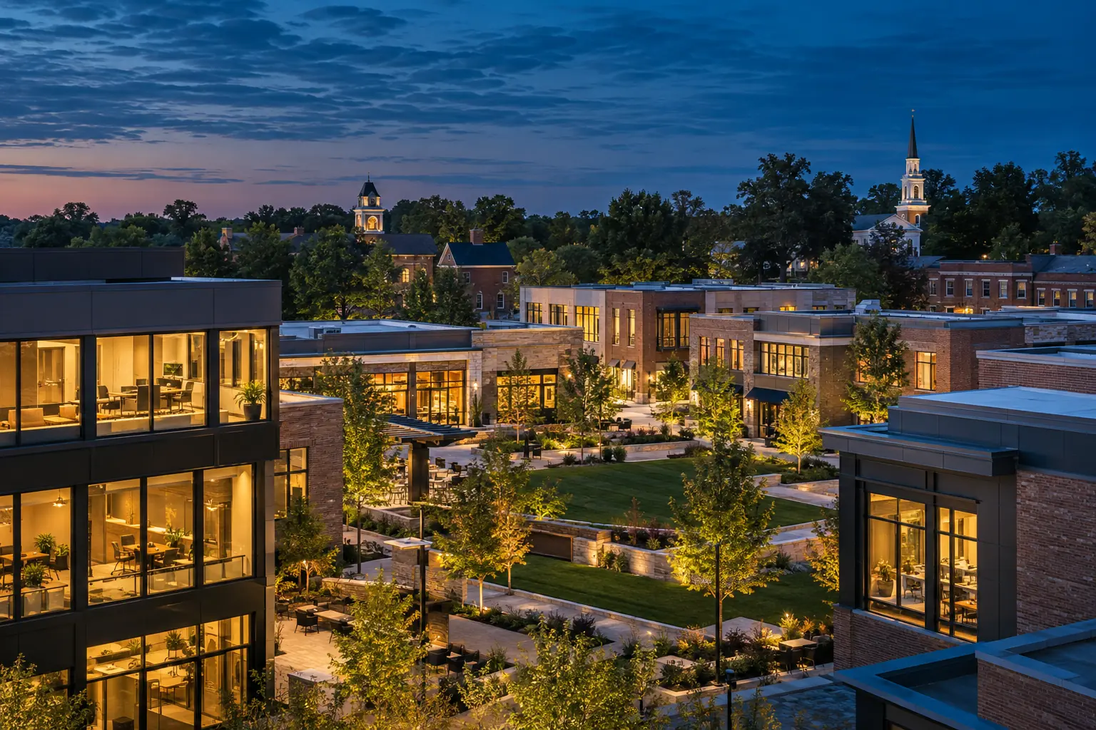 Hudson business buildings and public square at blue hour