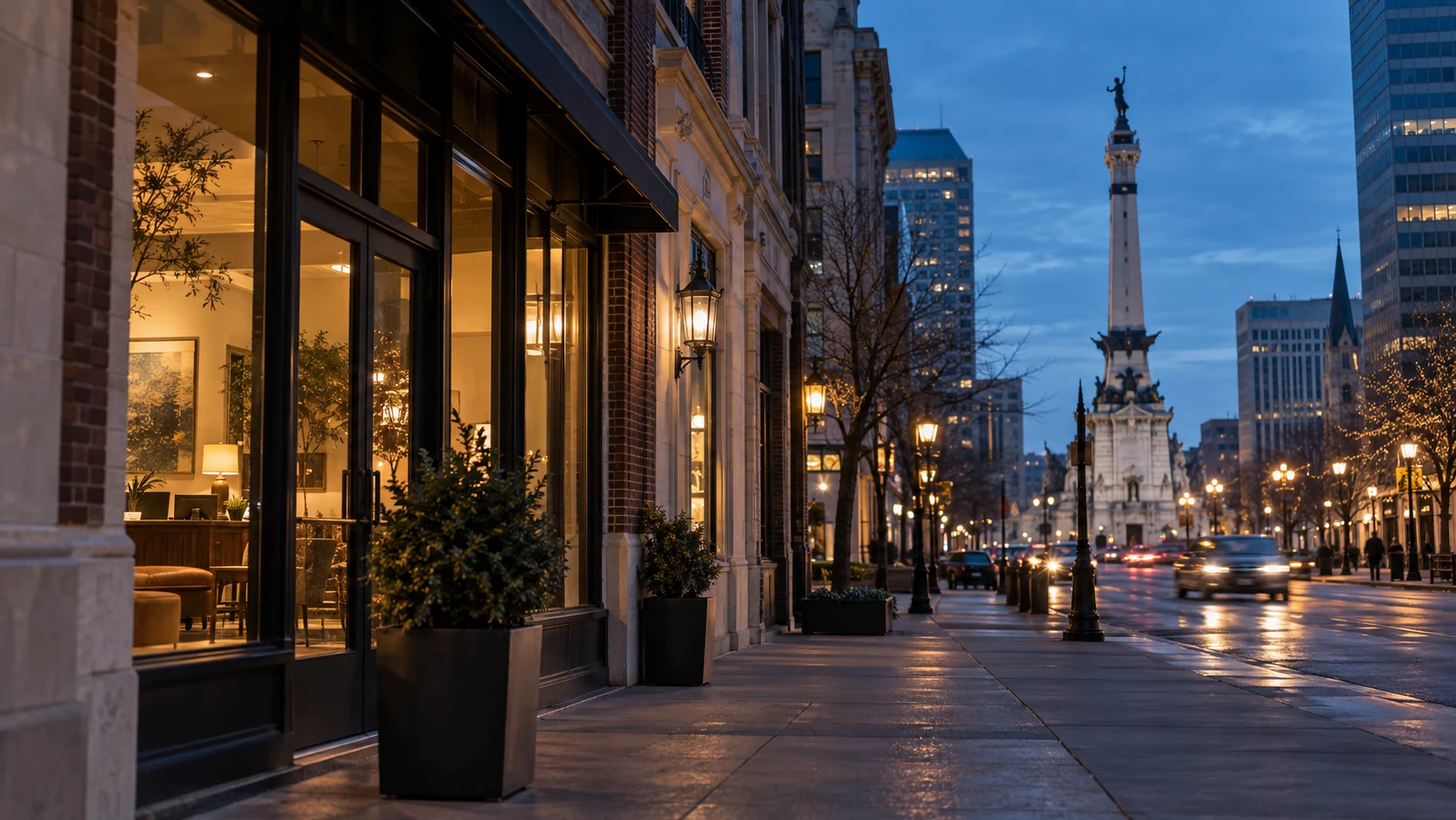 Indianapolis-style professional storefront with Monument Circle beyond, original image by The Quiet Protocol