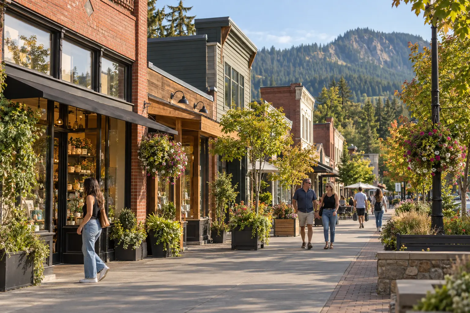 Downtown Issaquah independent storefronts with the green foothills behind