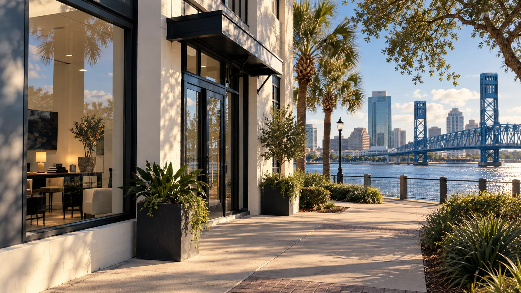 Jacksonville riverside service business and bridge, original image by The Quiet Protocol
