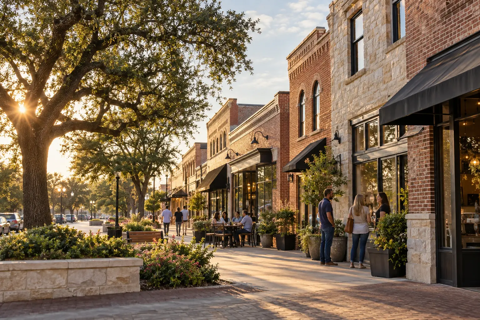 North Texas business district with brick storefronts and mature trees