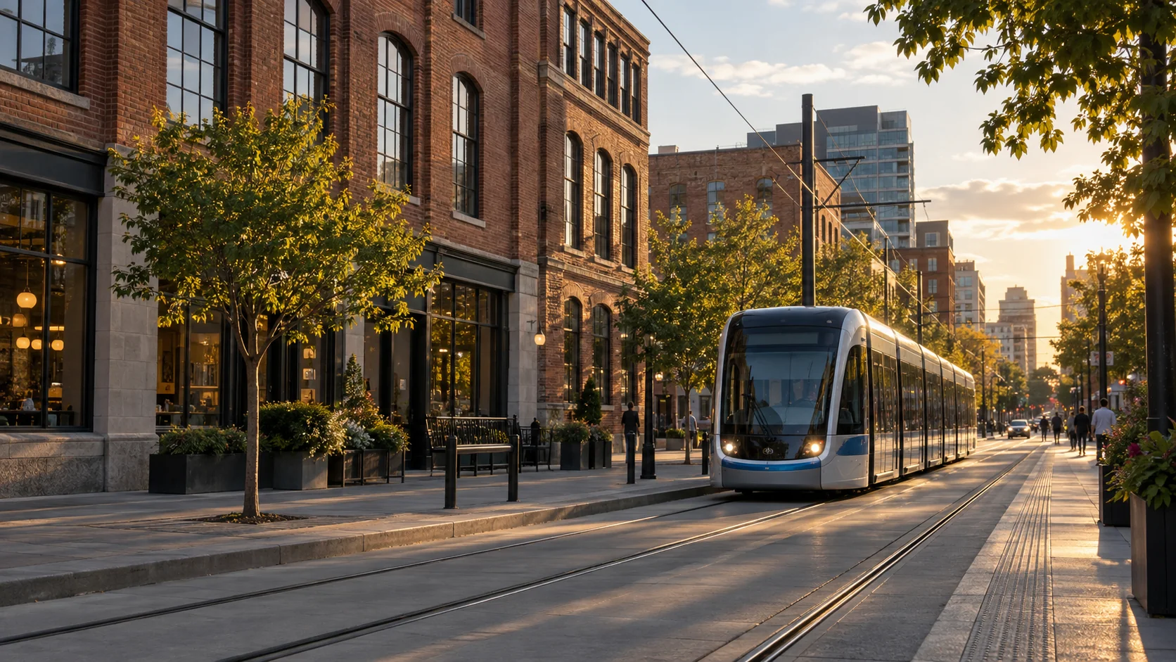 Brick storefronts and an unbranded light-rail vehicle on a Kitchener-inspired street