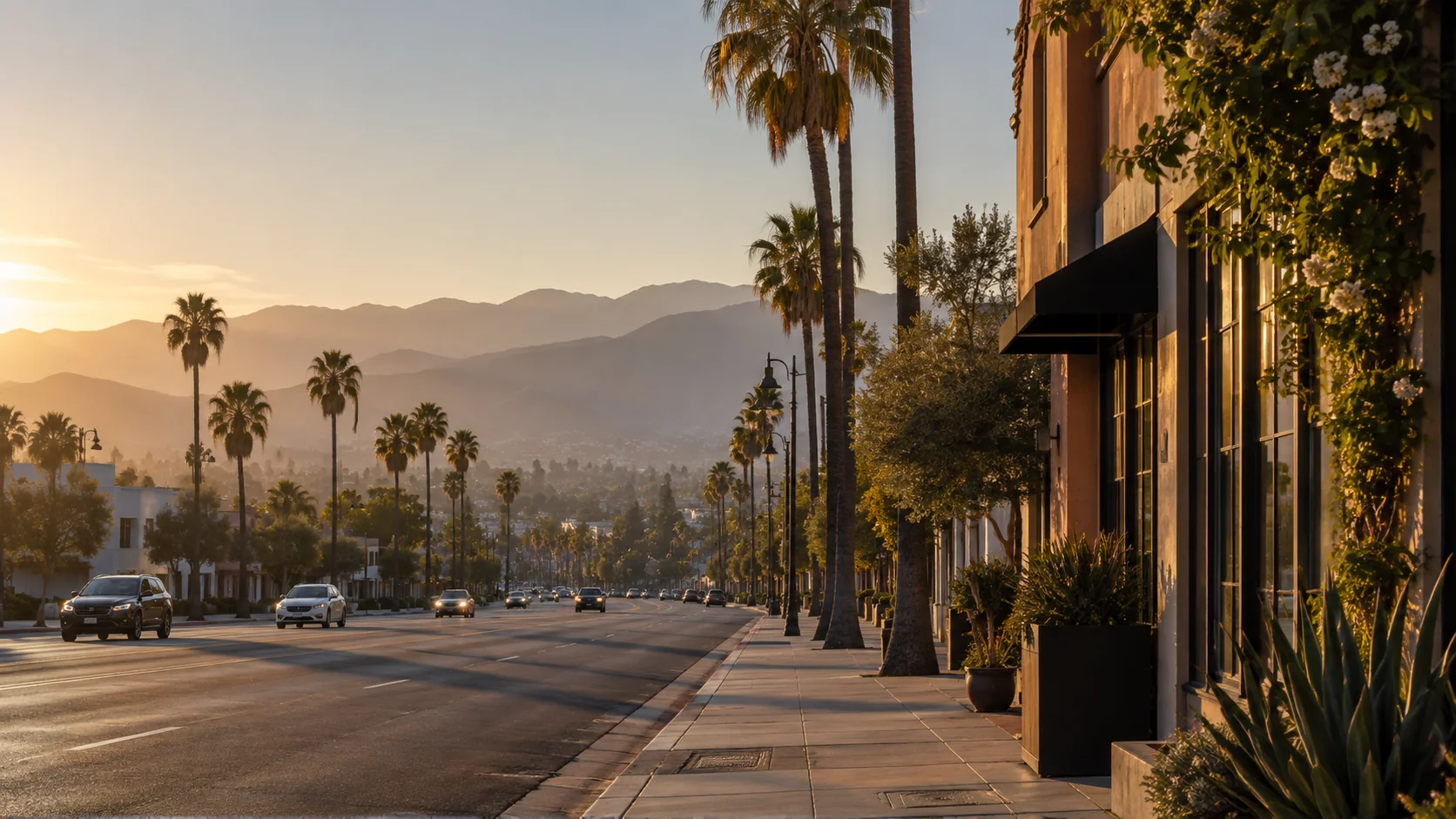 Sunlit Los Angeles boulevard with palms and distant mountains, original city photograph by The Quiet Protocol