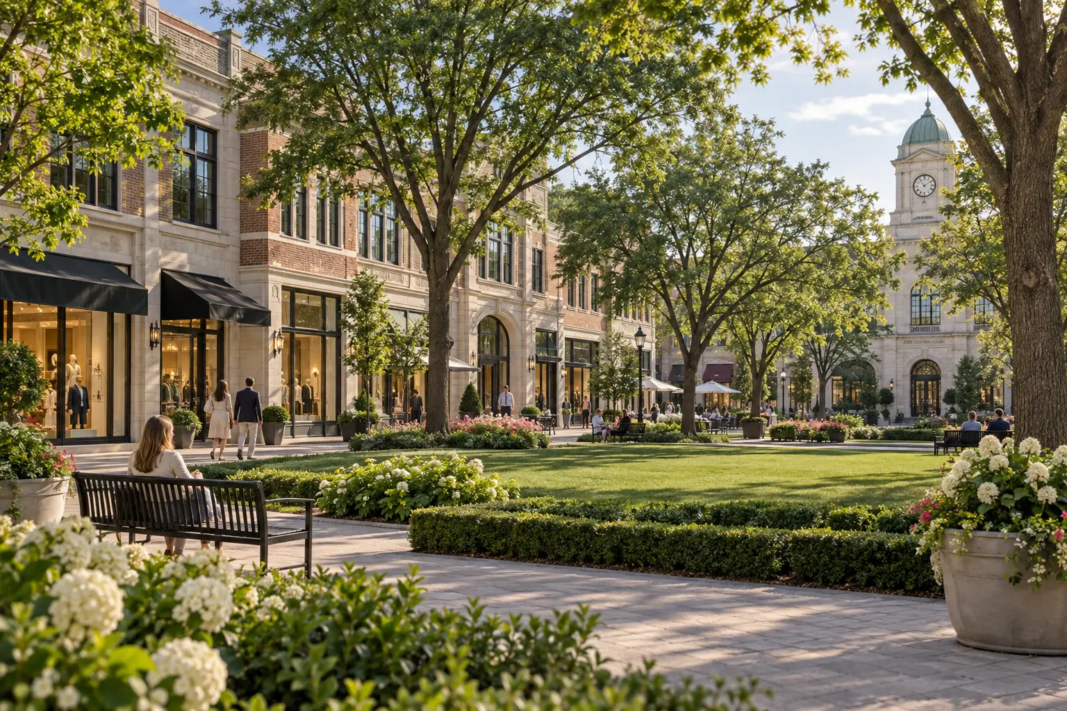 Historic Lake Forest business square with storefronts around a central green