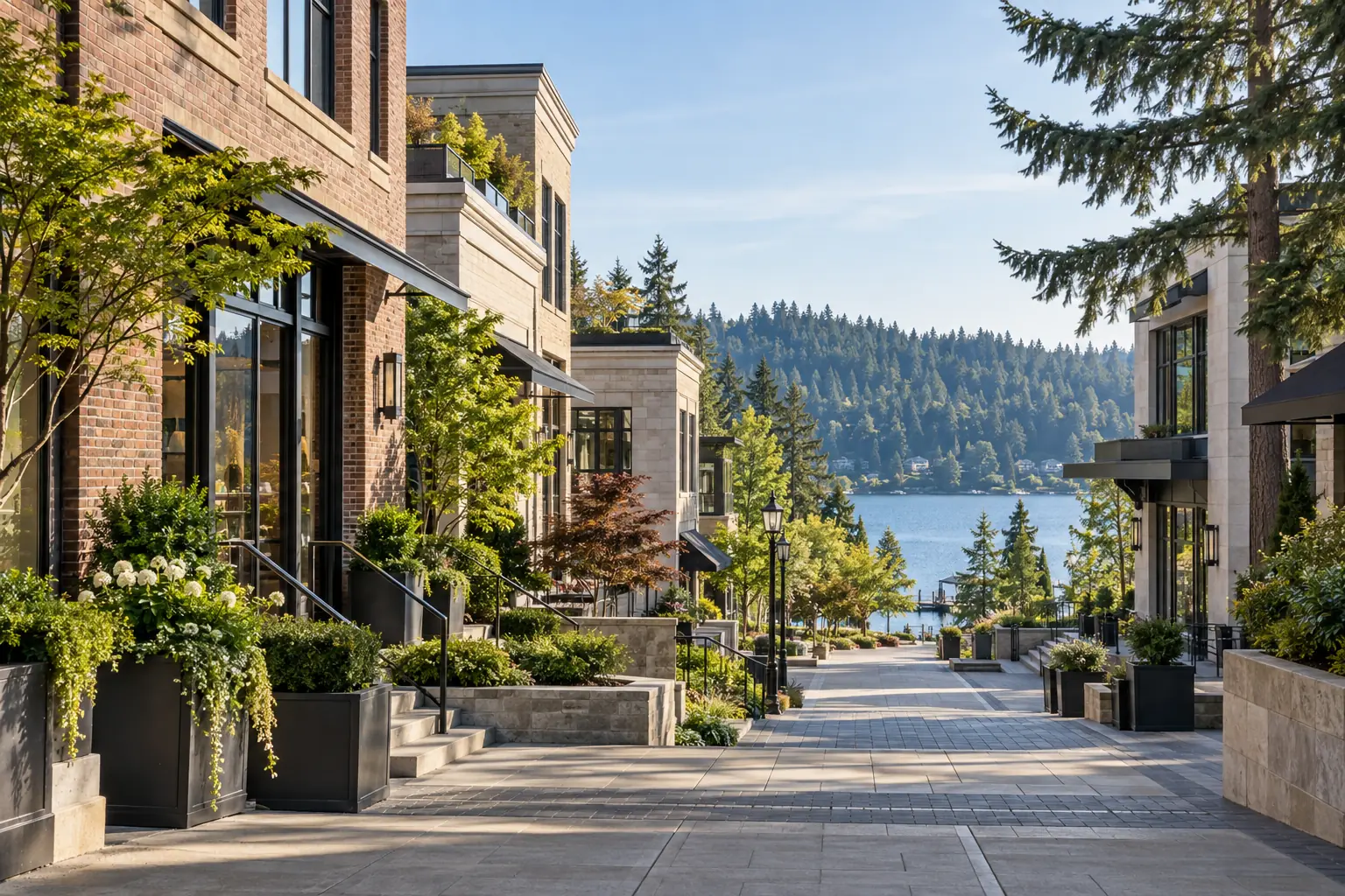 Lake Oswego business district with stone and brick storefronts, evergreens and lake views