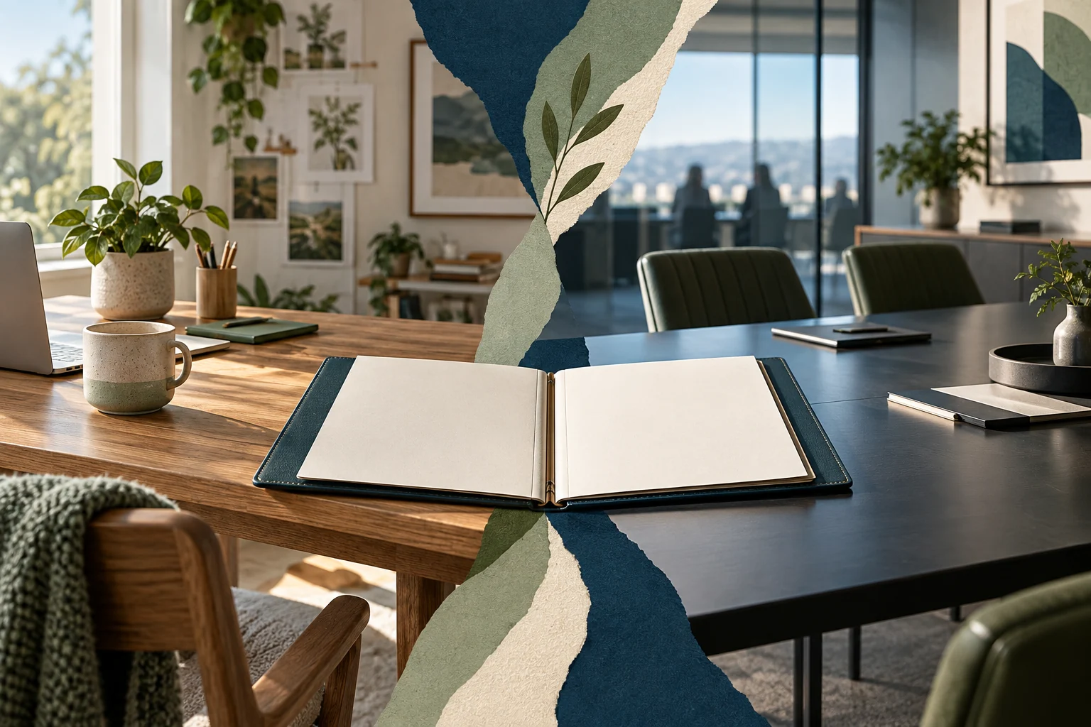 Client-process brief laid across a home workroom and professional office