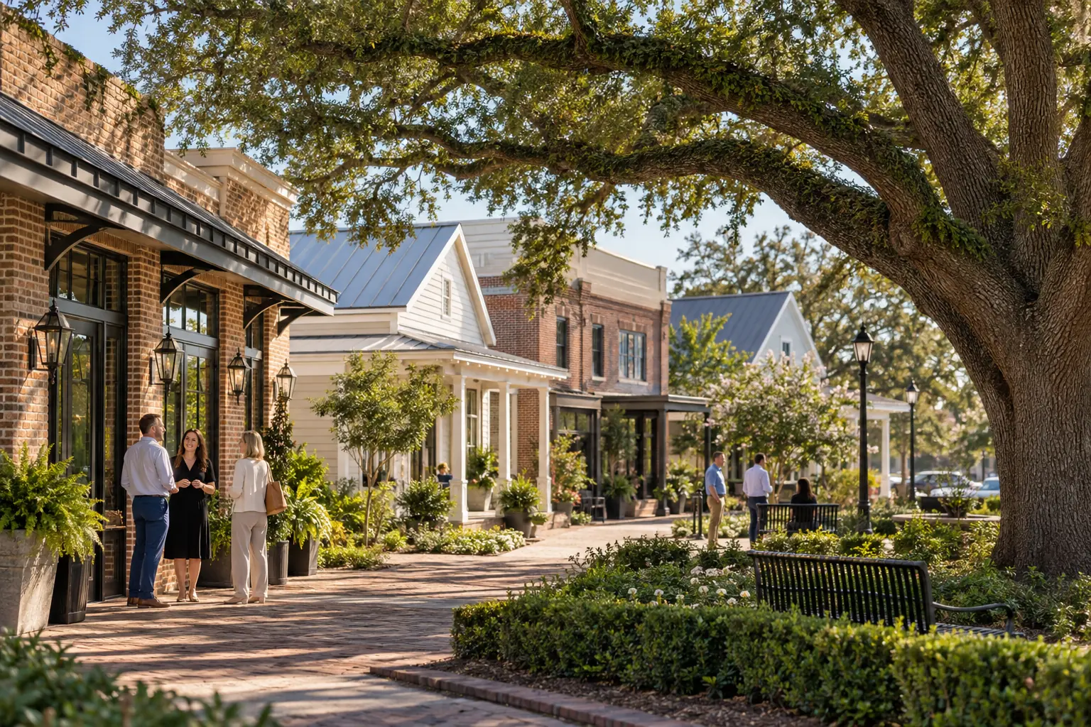 Oak-shaded historic Texas commercial district with small businesses and offices