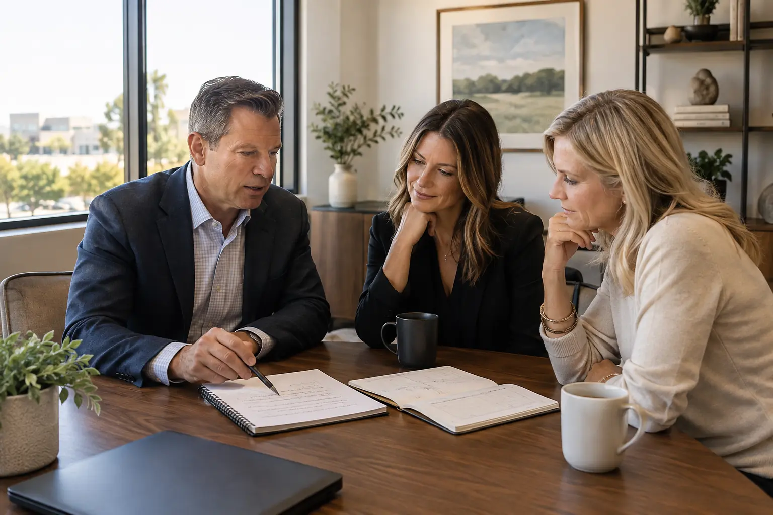 Leawood business owner and team discussing an existing client's next useful step