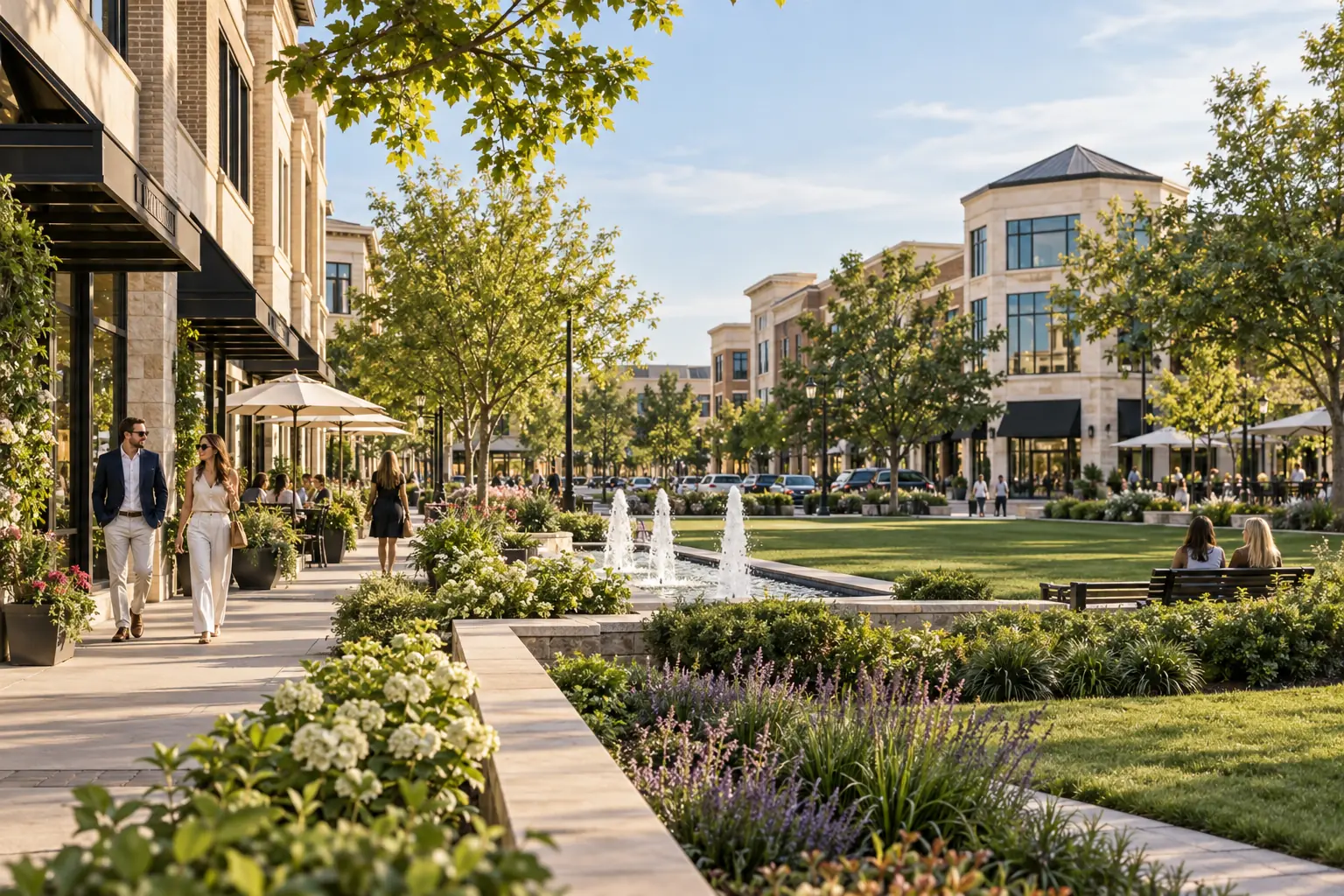 Leawood business plaza with office and retail buildings beside a landscaped green