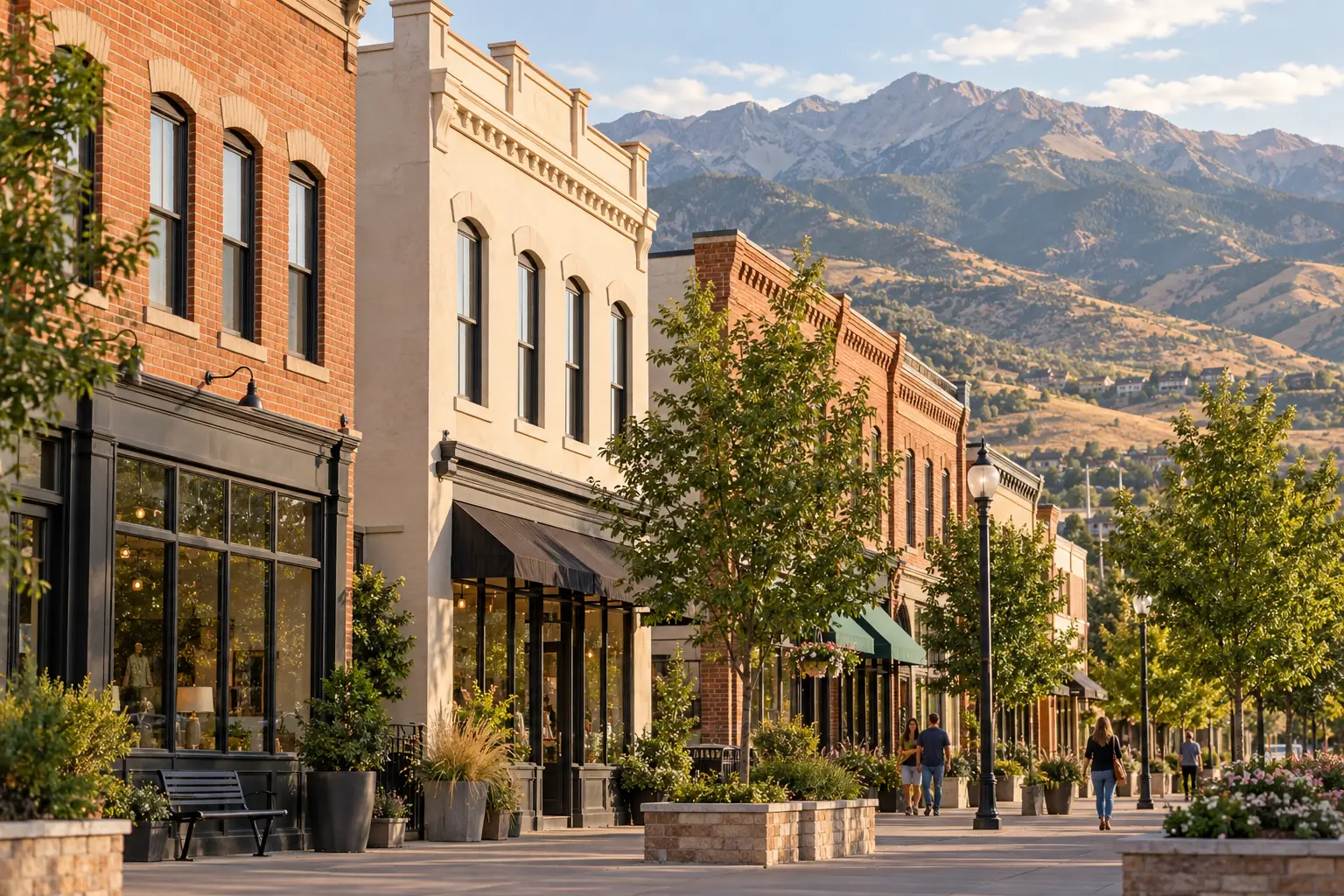 Brick and cream Lehi downtown business buildings with mountains beyond