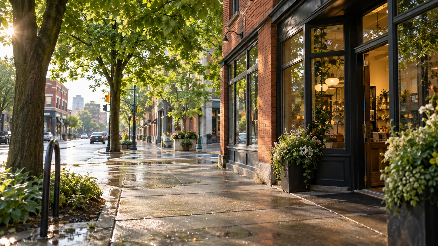 Tree-canopied brick storefront and sidewalk on a London, Ontario inspired business street