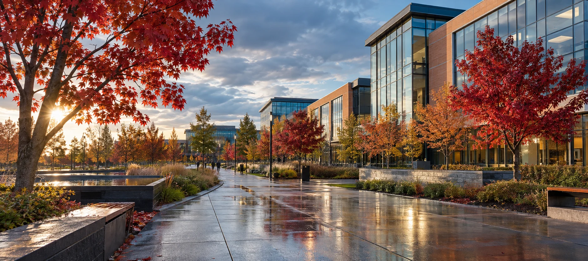 Autumn maples and a landscaped office campus reflecting Markham's technology employment areas