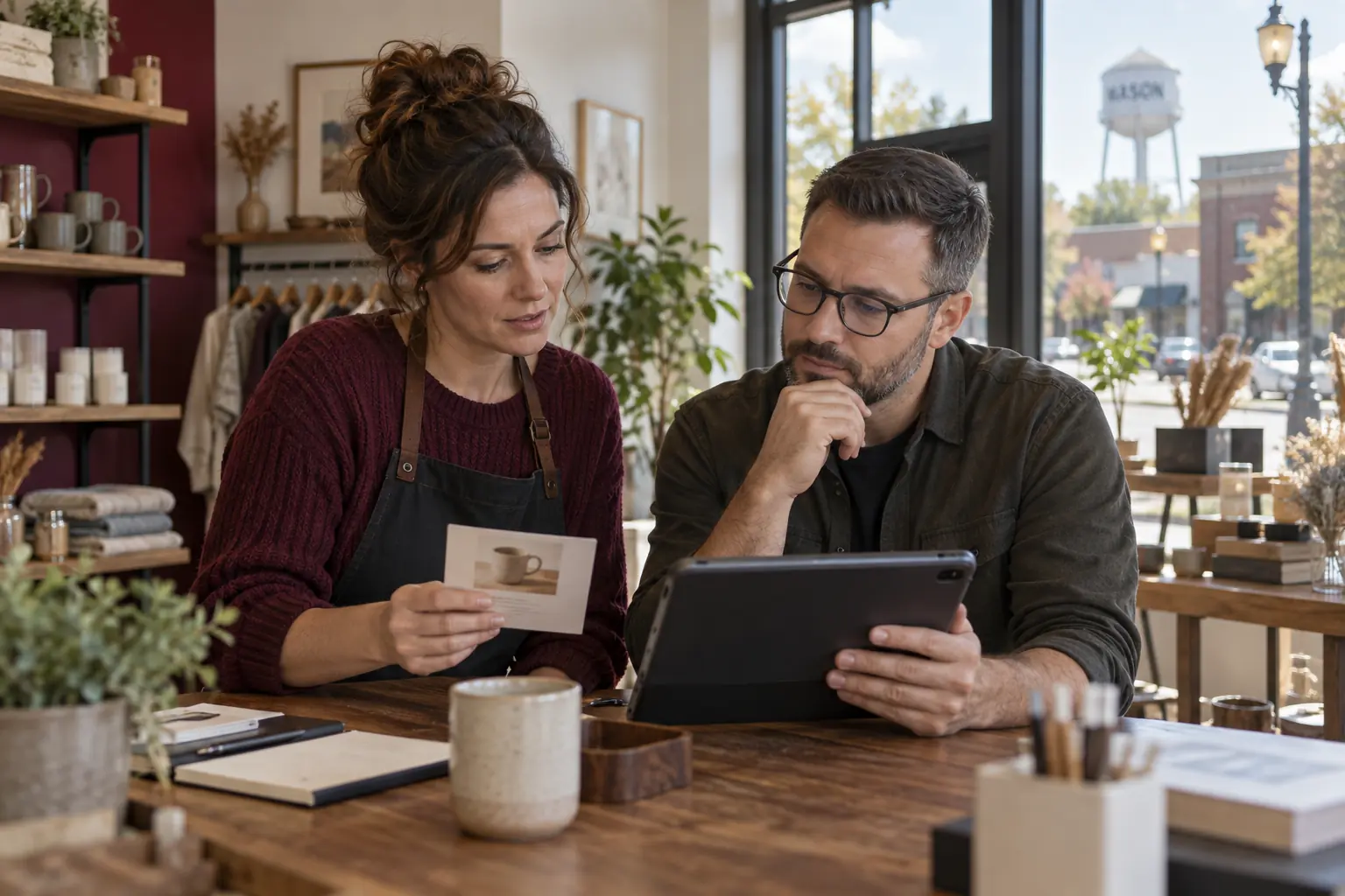 Small business owner and colleague checking offer details and online listing