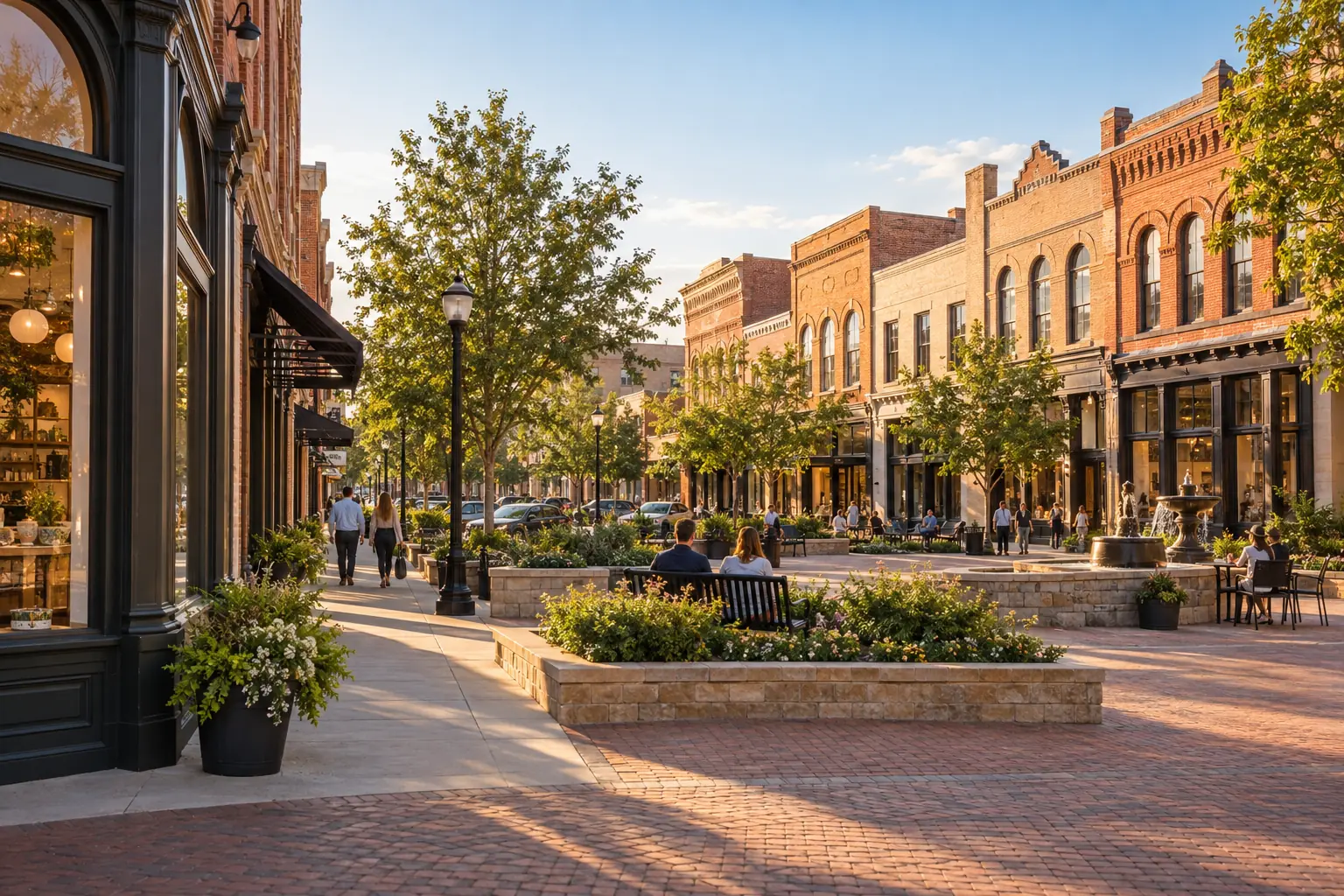 Historic brick business district with independent storefronts and trees in North Texas