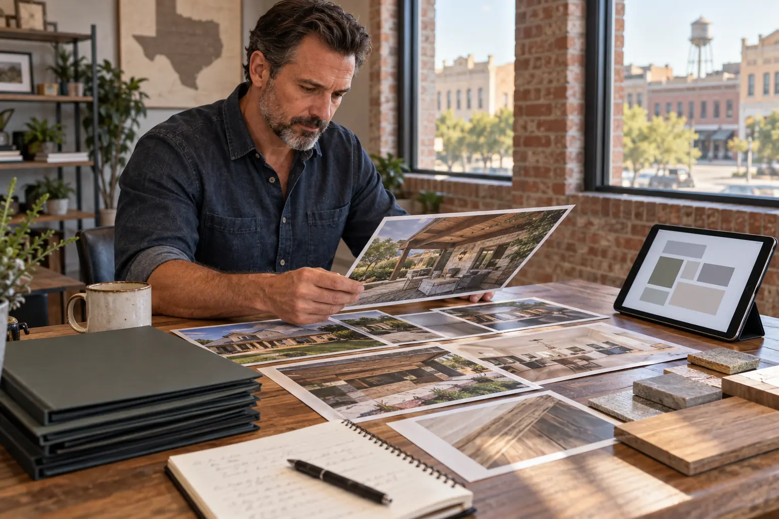 Business owner reviewing service portfolio materials and a website outline
