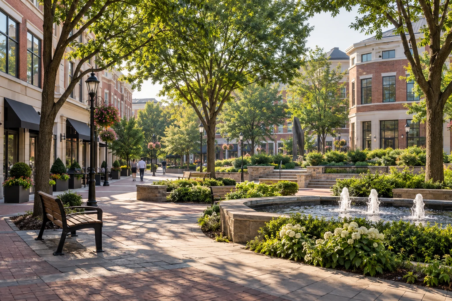 Brick offices and small businesses around a tree-lined plaza in McLean, Virginia