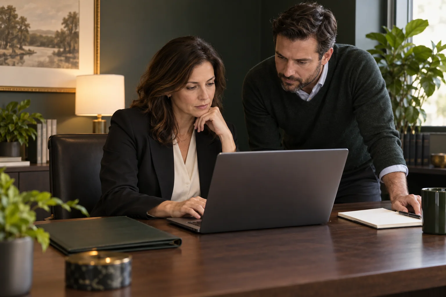 Two professional service operators reviewing customer questions beside a laptop and closed folder
