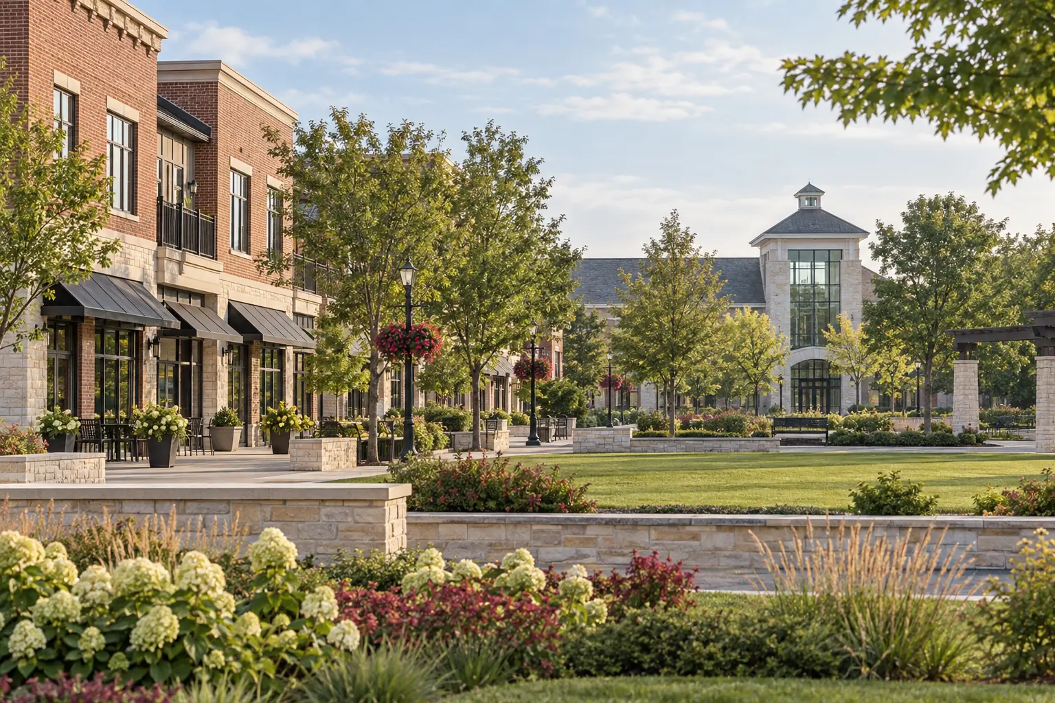 Mixed-use business buildings and civic green in a Mequon area town center