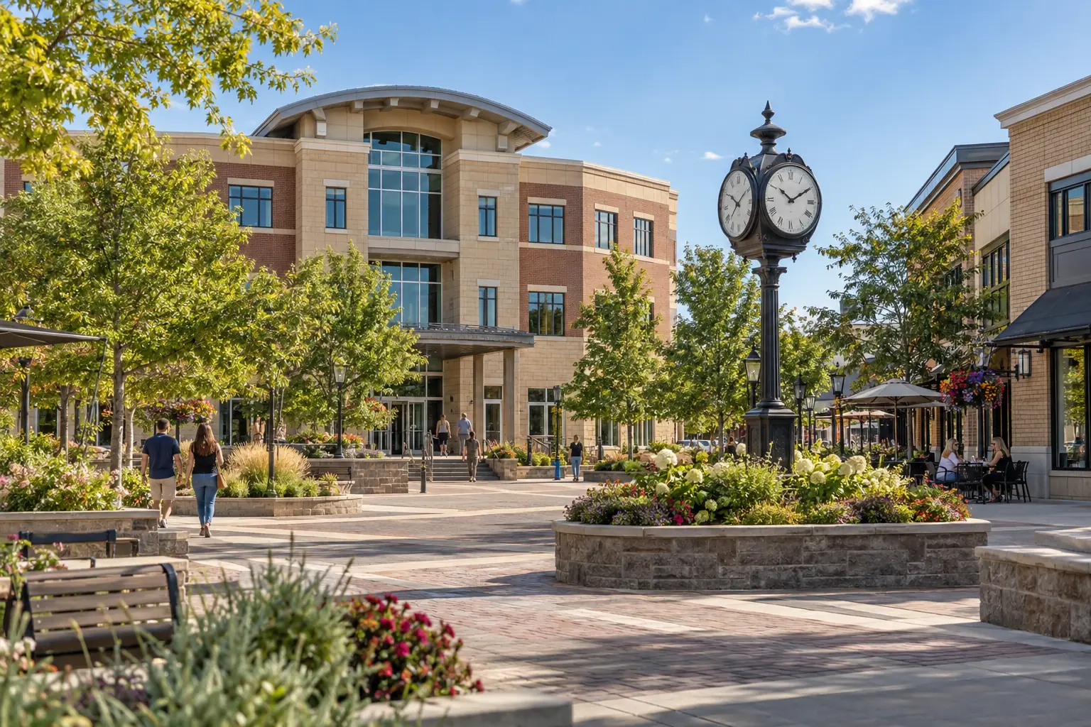 Downtown Meridian civic and commercial plaza with a prominent street clock