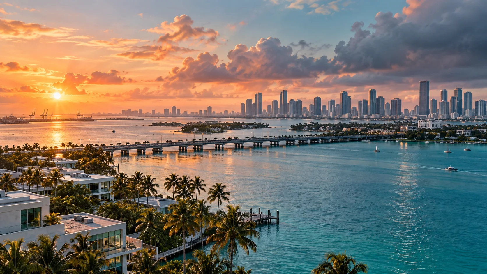 Biscayne Bay causeway and Miami skyline beneath coral sunrise clouds, original image by The Quiet Protocol
