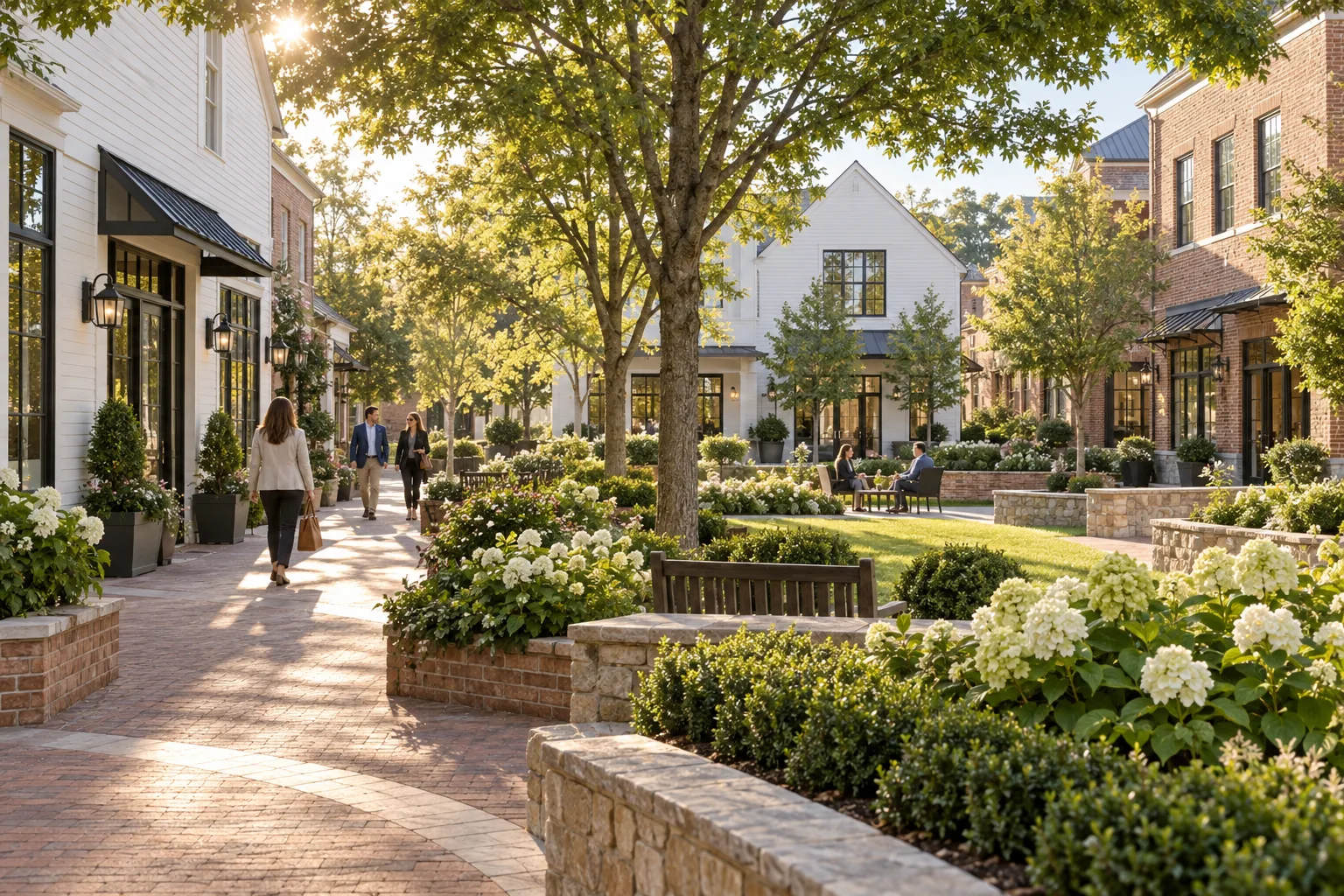 White and brick commercial buildings around a landscaped village courtyard in Milton, Georgia