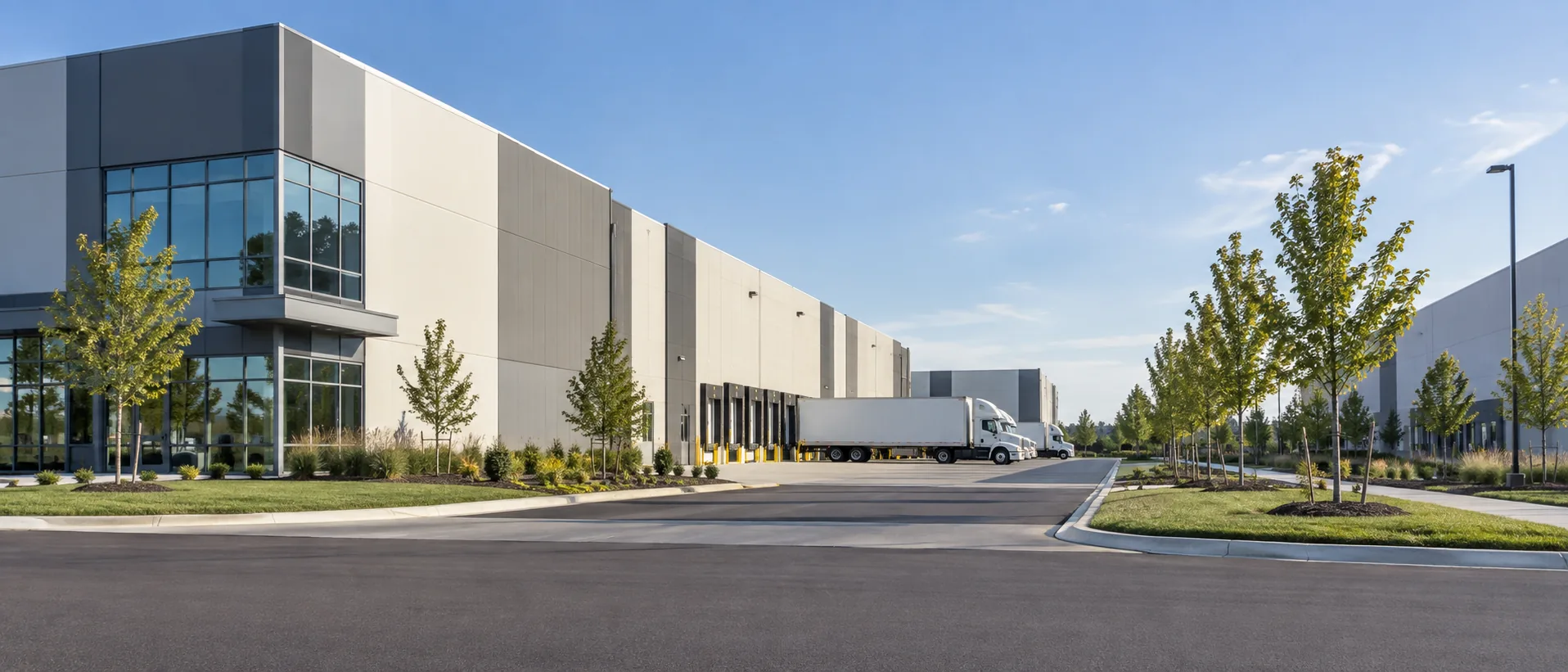 Milton-inspired employment area with logistics buildings and unbranded trucks at loading doors